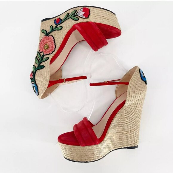 Gucci Red Suede Floral Embroidered Espadrille Wedge Platform Sandal EU 40.5 - Picture 3 of 11